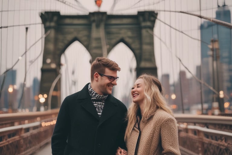 a man and woman standing on a bridge over looking at each other