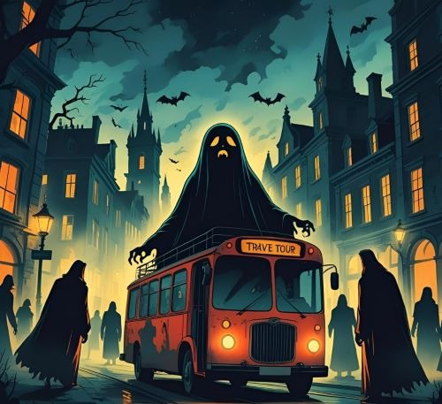 a bus with a ghost in the background