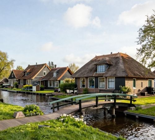 Traditional thatched roof cottages and wooden footbridge over a canal in Giethoorn village, Netherlands.