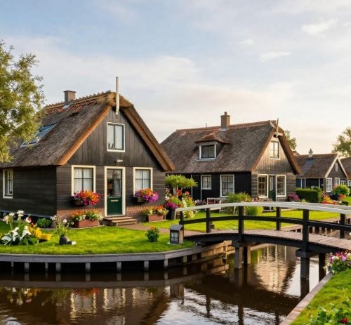 Traditional thatched roof cottages and wooden footbridges along a canal in the Dutch village of Giethoorn.