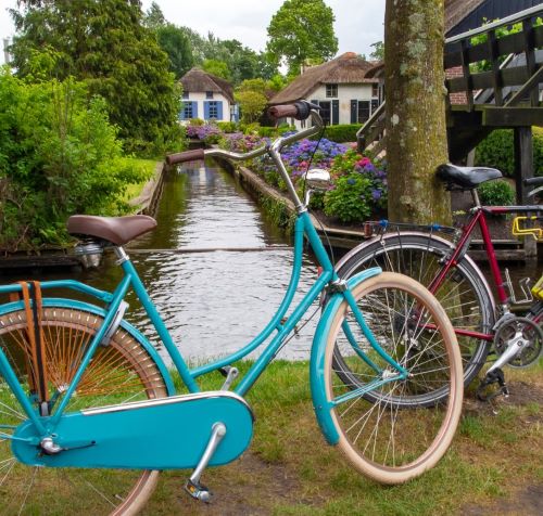 giethoorn canals - a bicycle parked next to a tree in a field