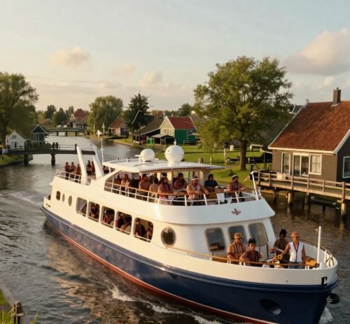A large white and blue canal tour boat cruising past traditional Dutch houses in a scenic village.