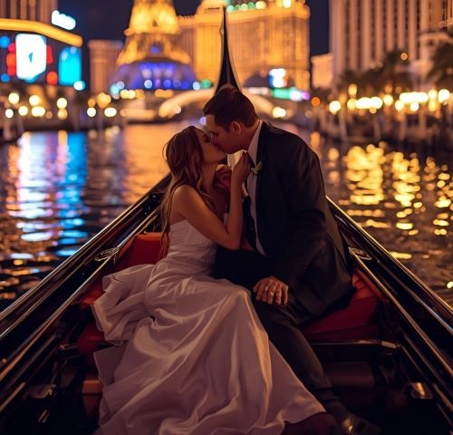 a bride and groom kissing in a boat