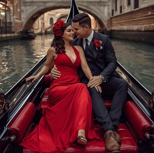 a man and woman in a red dress and a gondola