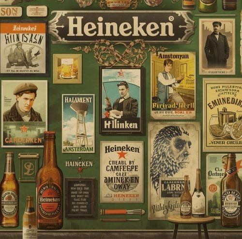Vintage Heineken beer advertisement collage featuring retro posters and bottled lager on a green background.
