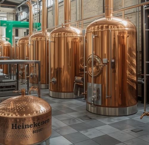 Polished copper brewing kettles and vats inside a modern Heineken beer brewery facility.