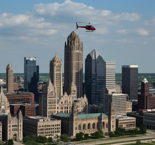 a helicopter flying over a city with tall buildings