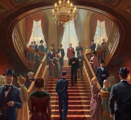 a group of people standing on a staircase way