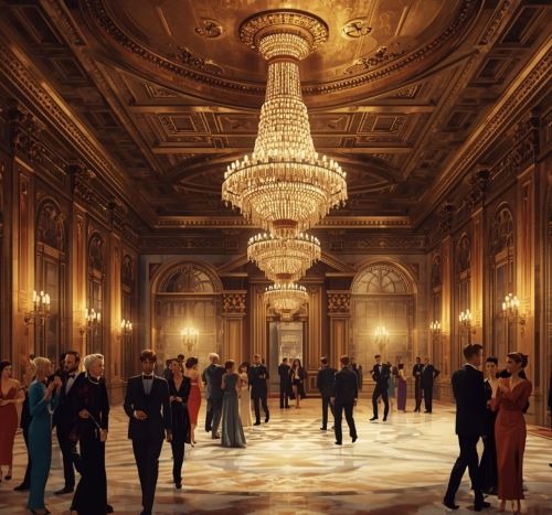 a group of people standing in a room with chandeliers