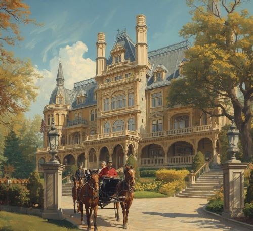 a painting of a horse drawn carriage in front of a large mansion