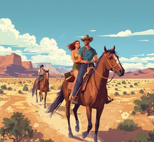 a man and woman riding horses in the desert