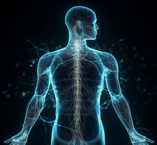 Glowing blue digital human anatomy model showing the central nervous system and neural pathways.