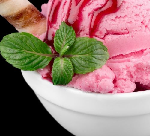 a bowl of ice cream with a mint green leaf