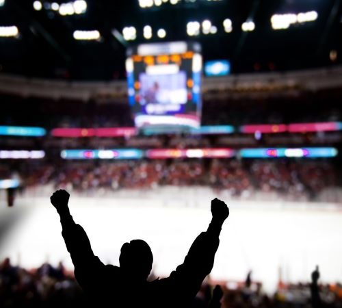 a man cheering in a ice hockey stadium