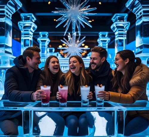 Friends laughing and holding cocktails at a blue lit ice bar with frozen sculptures.