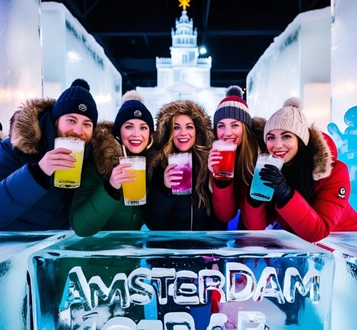 a group of people standing around a ice sculpture