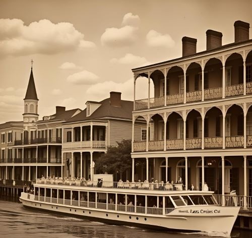 Vintage-style tour boat cruising past historic buildings with wrought-iron balconies in the French Quarter.