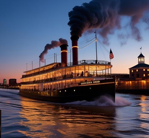 a steamboat boat on the water with smoke coming out of it