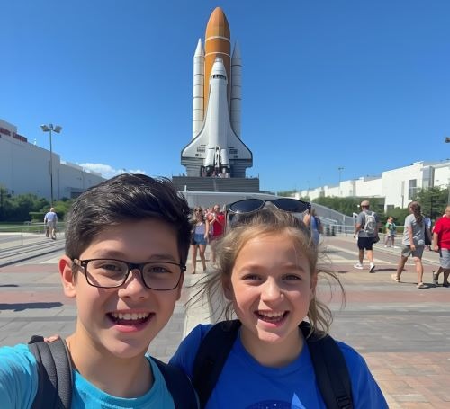 a boy and girl standing in front of a space shuttle