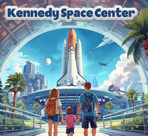 a family of three children walking through a space station