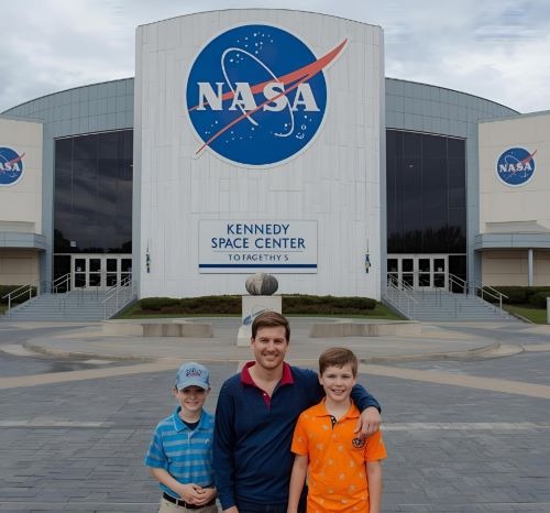 a man and two children standing in front of a nasa shuttle