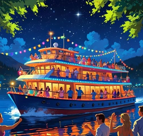 a large boat with people on it at night