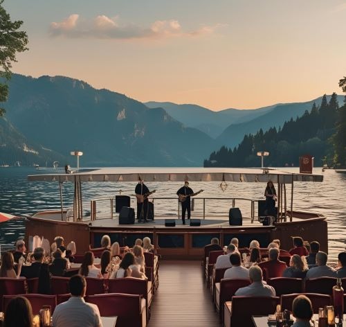 a group of people sitting on a boat watching a live music performance