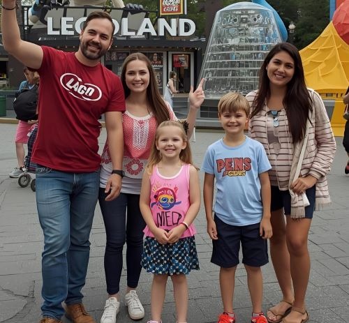 a family posing for a picture in front of a legoland