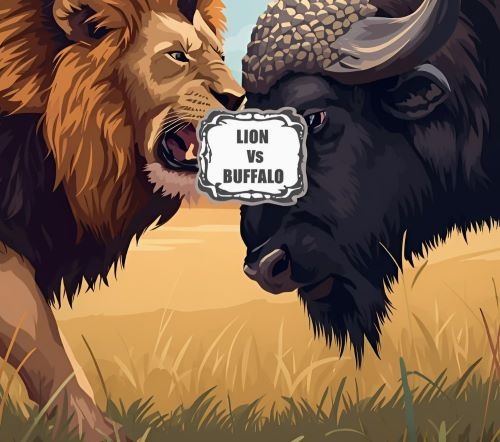 a lion and a buffalo are shown in this image