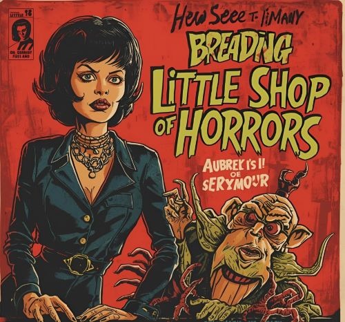 a poster about a woman in a suit with the sign “little horrors”