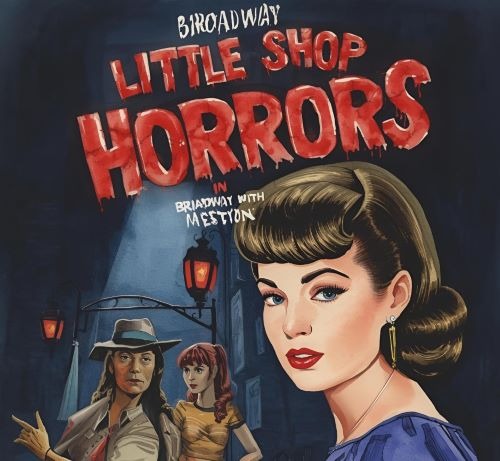 a woman in a blue dress and hat with a gun with the sign “little horrors”