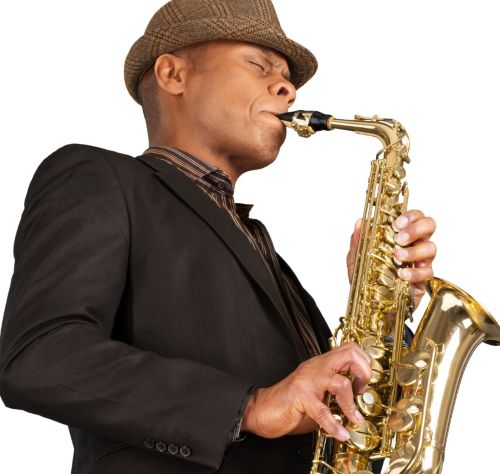 a man in a suit and hat playing the saxophone
