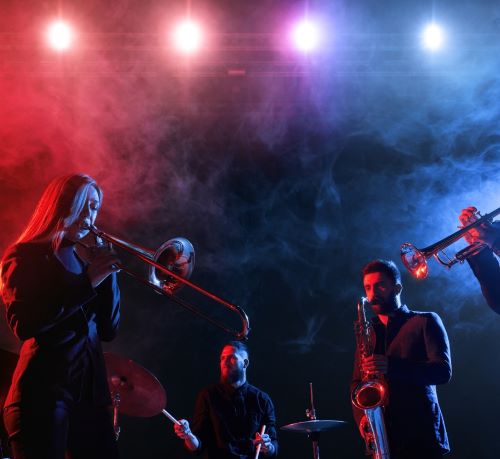 a band playing instruments in a concert