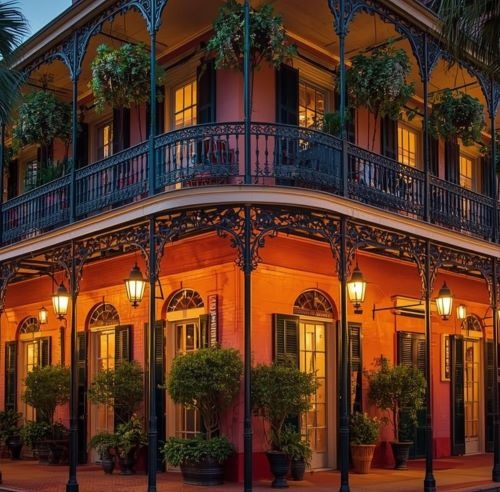 A historic New Orleans French Quarter building with wrought iron balconies and hanging ferns.