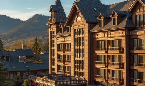 a large luxury hotel building with a clock tower in the background