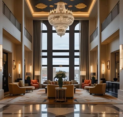 a large room in a hotel with a chandelier 