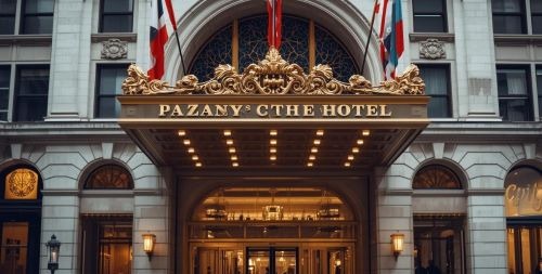 a hotel entrance with a large entrance to the hotel