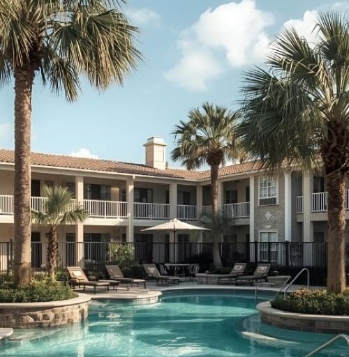 hotel with a pool and lounge chairs