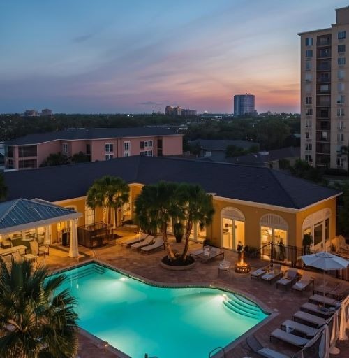 a pool with a view of a city skyline