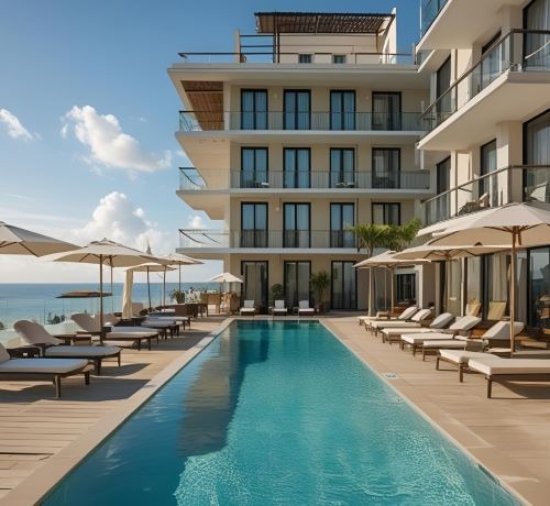 a pool with lounge chairs and umbrellas