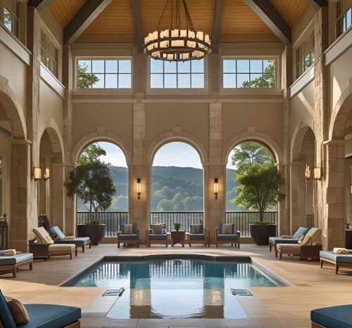 a pool in a luxury hotel with a chandelier and mountains in the background
