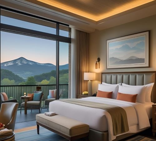 a bedroom with a large bed and a balcony