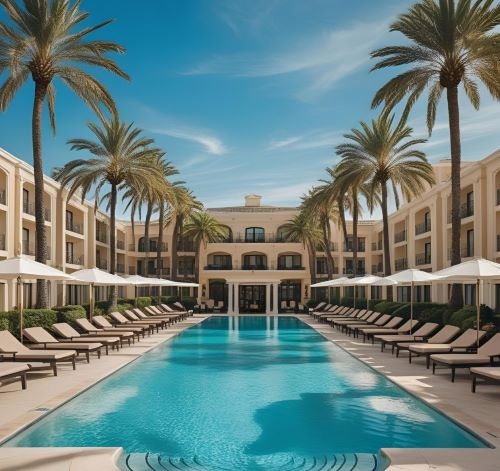 a pool with lounge chairs, palm trees and umbrellas