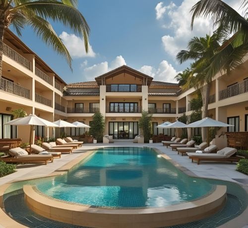 a pool with lounge chairs and umbrellas