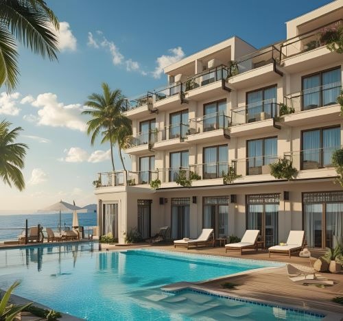 a hotel pool with a view of the ocean