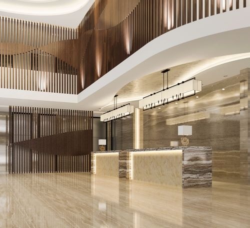 a luxury lobby area with a reception table and a reception table