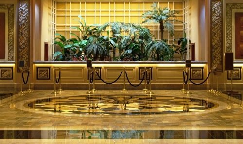 Luxury hotel lobby featuring polished marble floors, gold stanchions, and lush indoor palm trees.