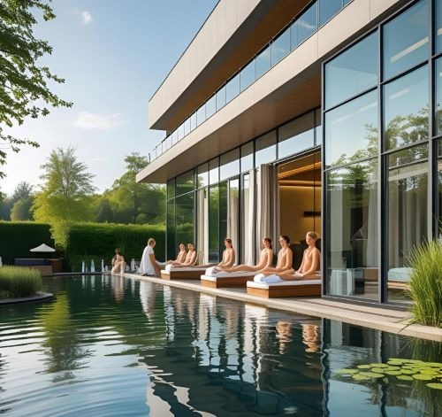a group of people sitting on a pool