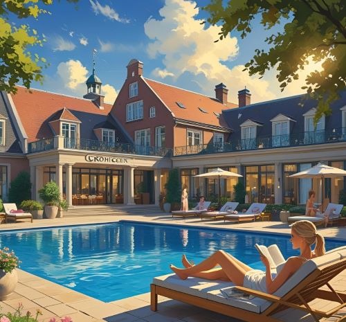 a woman sitting on a lounge chair in front of a large house