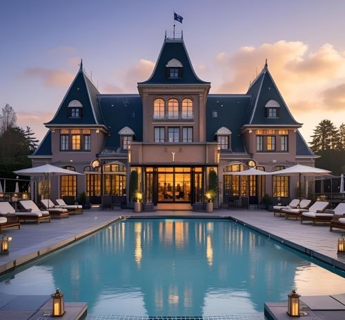 a large hotel with a pool and a pool